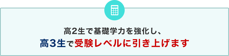 高2生で基礎学力を強化し、高3生で受験レベルに引き上げます
